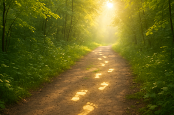 Helles Bild zu ‚Ich trage euch – Lied der persönlichen Verbindung‘: leuchtende Fußspuren auf einem sonnigen Waldweg als Zeichen der Nähe.