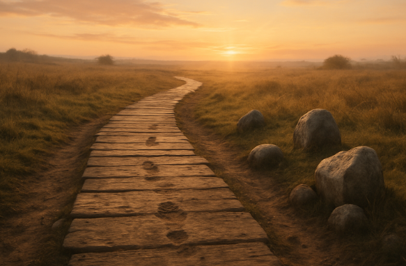 Symbolisches Bild zu ‚Was ihr begonnen habt – Lied des Weitertragens‘: ein alter Holzweg mit Fußspuren, Feldsteinen und warmem Morgenlicht.