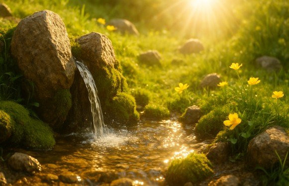 Bild zu ‚Aus tiefen Grund – Lied aus der alten Tiefe‘: klare Quelle zwischen sonnenbeschienenen Steinen – Symbol für Ursprung und Neubeginn.