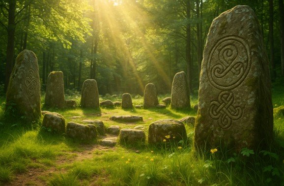 Symbolbild für ‚Ceól na Sinsear – Keltische Ahnenlieder‘: sonnendurchfluteter Steinkreis mit keltischen Gravuren.