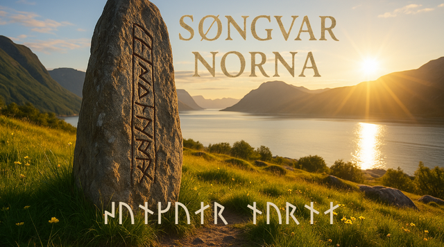 Helles Bild zu ‚Sǫngvar norna – Nordische Ahnenlieder‘: Runenstein in weiter nordischer Landschaft mit Fjord und goldenem Licht.