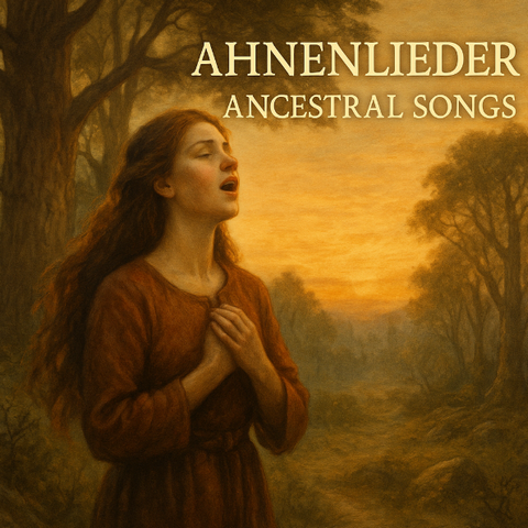 Frau singt in einem alten Wald bei Sonnenaufgang, Symbol für Erinnerung und Verbundenheit – Titel „Ahnenlieder – Alte Stimmen neu gehört