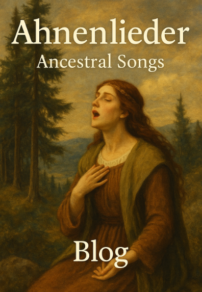Frau singt in einer alten Waldlandschaft bei Sonnenaufgang, symbolisch für die Verbindung zu den Ahnen – Titel „Ahnenlieder Blog – Ancestral Songs“